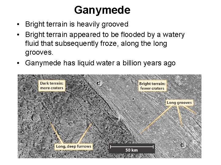 Ganymede • Bright terrain is heavily grooved • Bright terrain appeared to be flooded