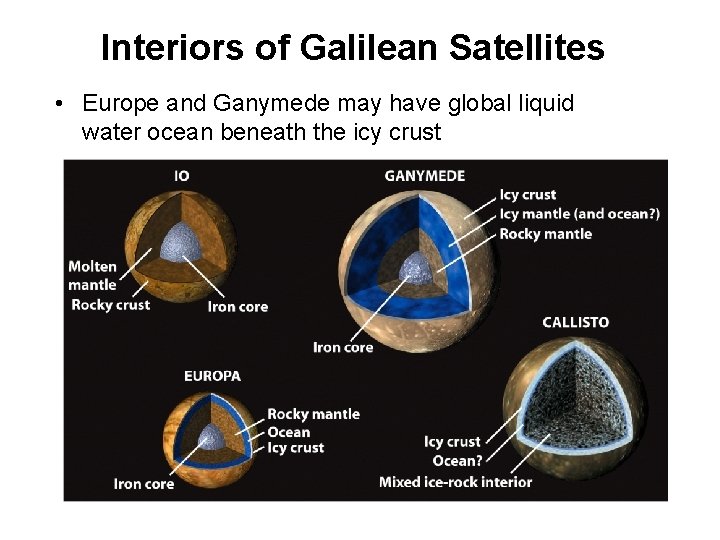 Interiors of Galilean Satellites • Europe and Ganymede may have global liquid water ocean