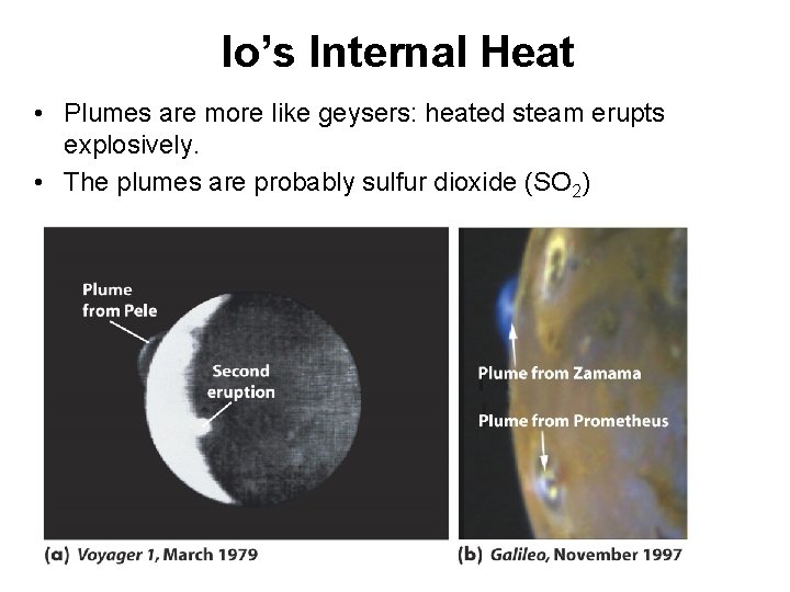 Io’s Internal Heat • Plumes are more like geysers: heated steam erupts explosively. •