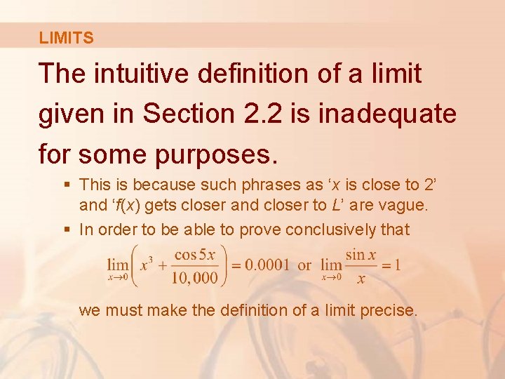 LIMITS The intuitive definition of a limit given in Section 2. 2 is inadequate