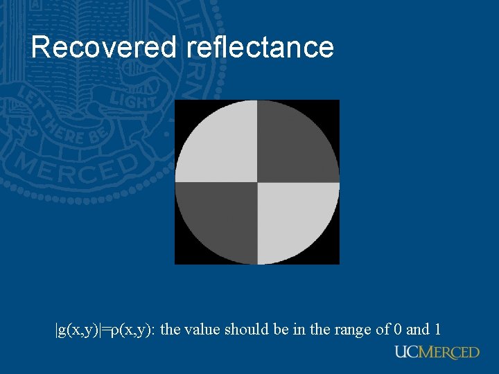 Recovered reflectance |g(x, y)|=ρ(x, y): the value should be in the range of 0