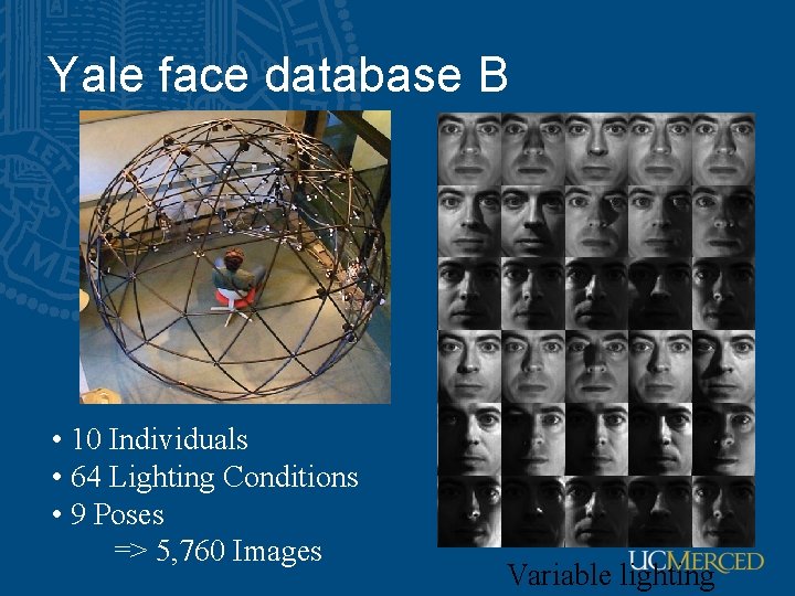 Yale face database B • 10 Individuals • 64 Lighting Conditions • 9 Poses