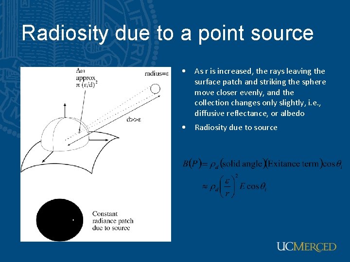 Radiosity due to a point source • As r is increased, the rays leaving