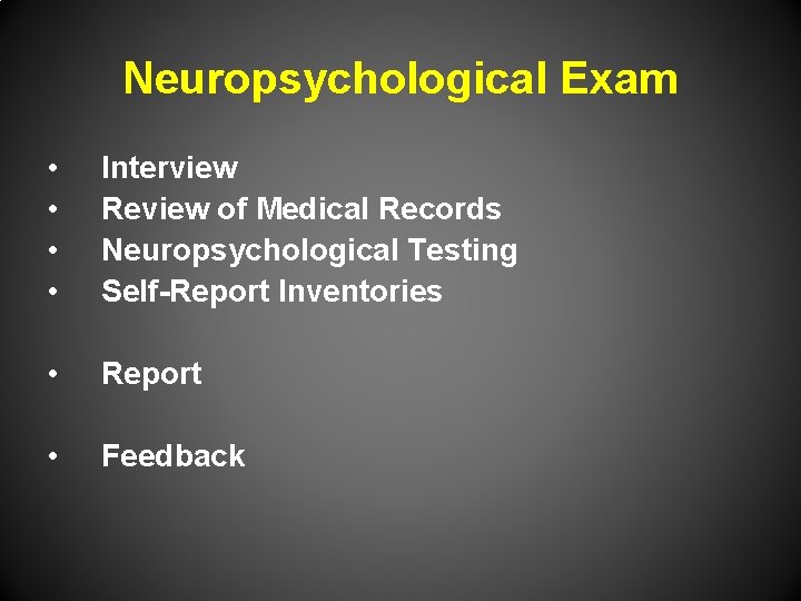 Neuropsychological Exam • • Interview Review of Medical Records Neuropsychological Testing Self-Report Inventories •