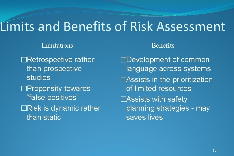 Limits and Benefits of Risk Assessment Limitations �Retrospective rather than prospective studies �Propensity towards