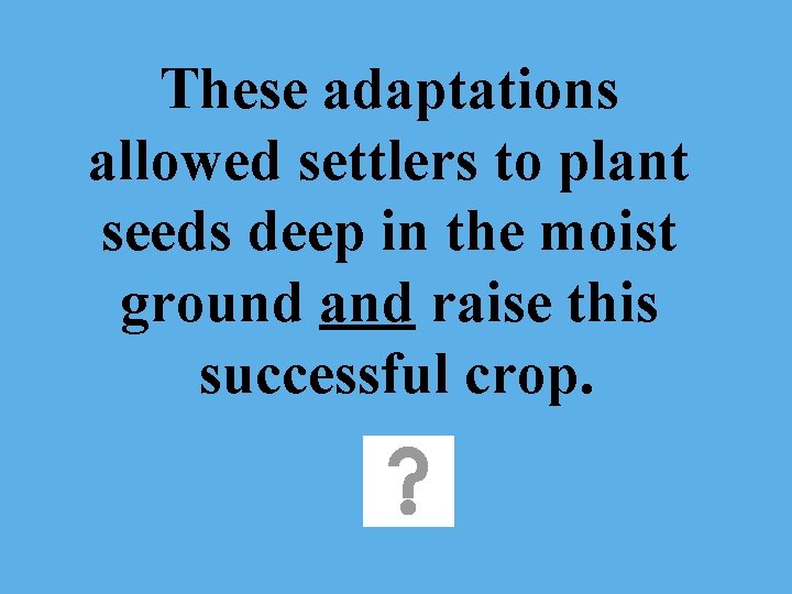 These adaptations allowed settlers to plant seeds deep in the moist ground and raise