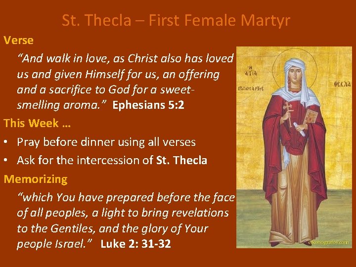 St. Thecla – First Female Martyr Verse “And walk in love, as Christ also