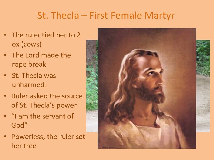 St. Thecla – First Female Martyr • The ruler tied her to 2 ox