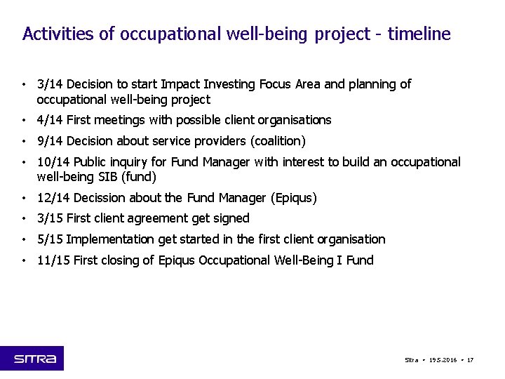 Activities of occupational well-being project - timeline • 3/14 Decision to start Impact Investing