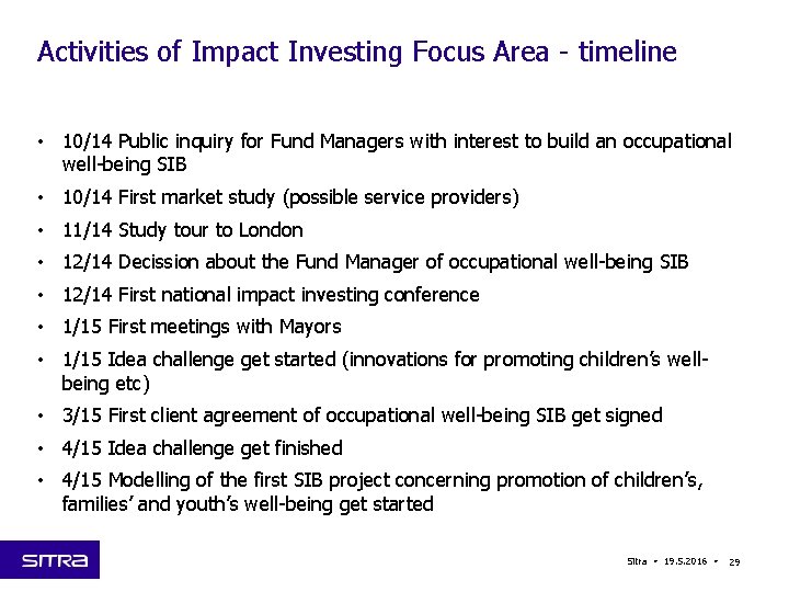 Activities of Impact Investing Focus Area - timeline • 10/14 Public inquiry for Fund