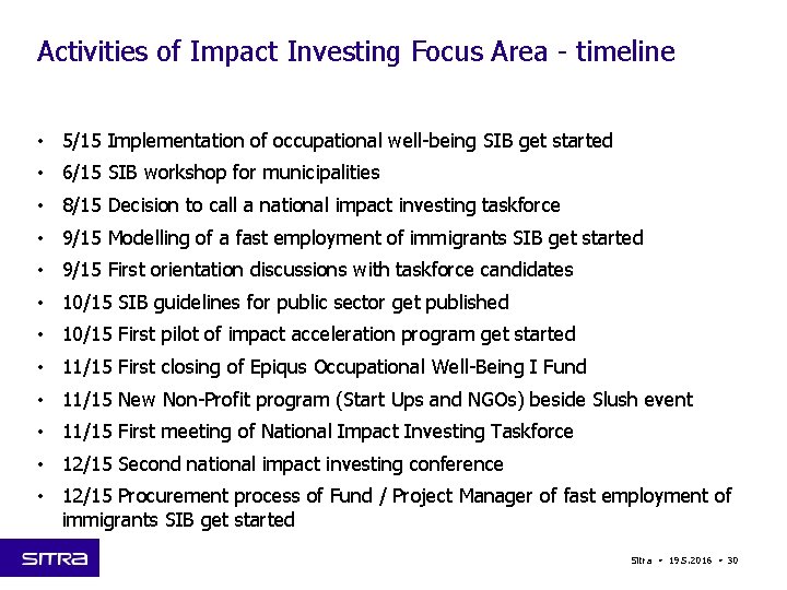 Activities of Impact Investing Focus Area - timeline • 5/15 Implementation of occupational well-being