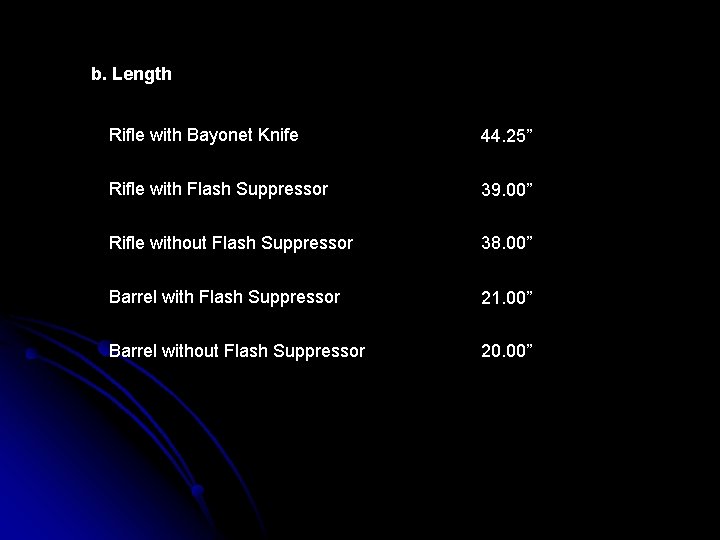 b. Length Rifle with Bayonet Knife 44. 25” Rifle with Flash Suppressor 39. 00”