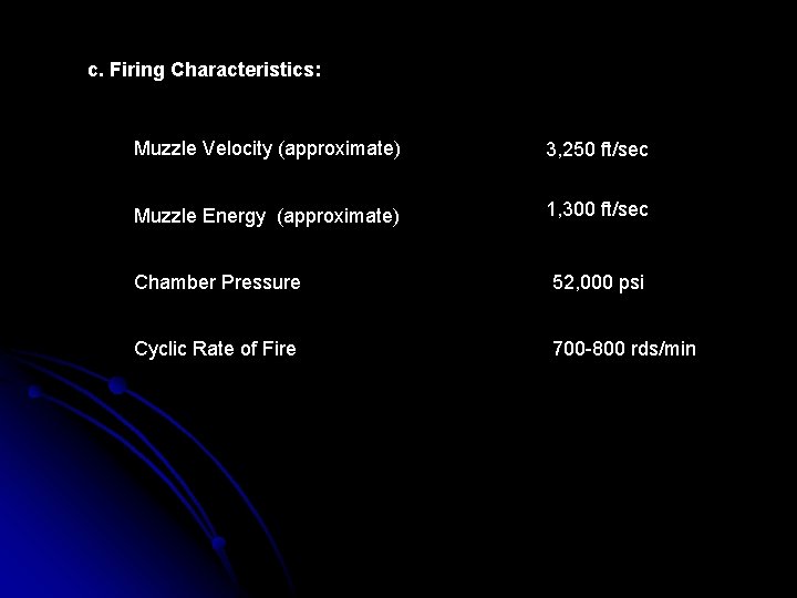 c. Firing Characteristics: Muzzle Velocity (approximate) 3, 250 ft/sec Muzzle Energy (approximate) 1, 300