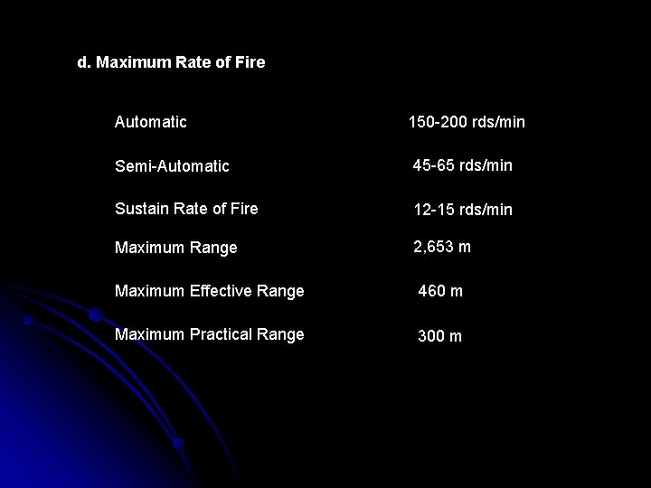 d. Maximum Rate of Fire Automatic 150 -200 rds/min Semi-Automatic 45 -65 rds/min Sustain