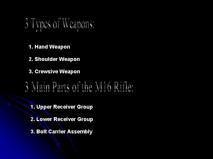 1. Hand Weapon 2. Shoulder Weapon 3. Crewsive Weapon 1. Upper Receiver Group 2.