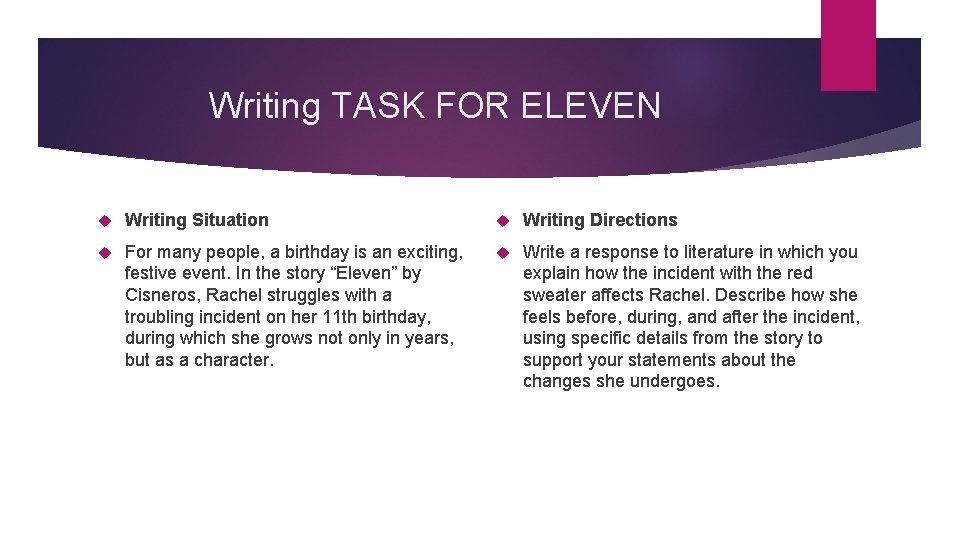 Writing TASK FOR ELEVEN Writing Situation Writing Directions For many people, a birthday is