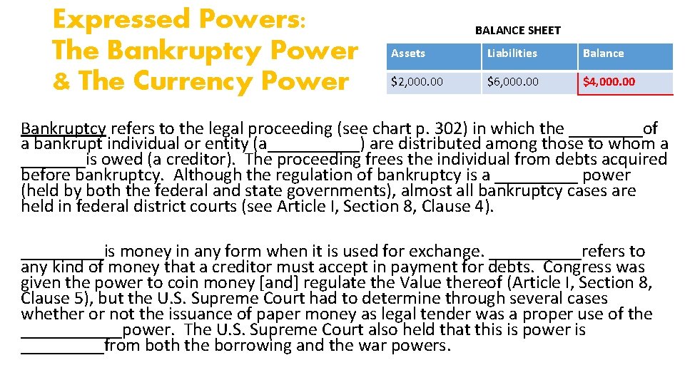 Expressed Powers: The Bankruptcy Power & The Currency Power BALANCE SHEET Assets Liabilities Balance