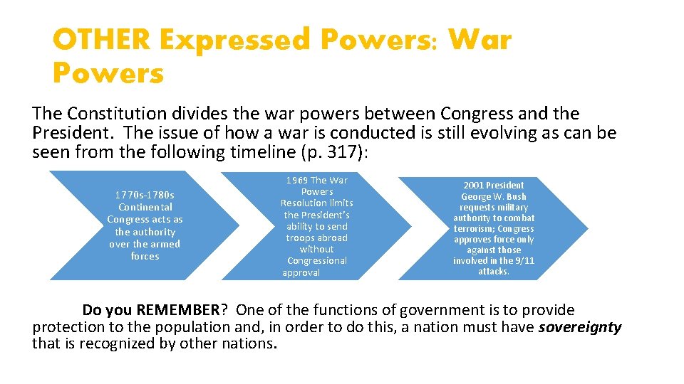 OTHER Expressed Powers: War Powers The Constitution divides the war powers between Congress and
