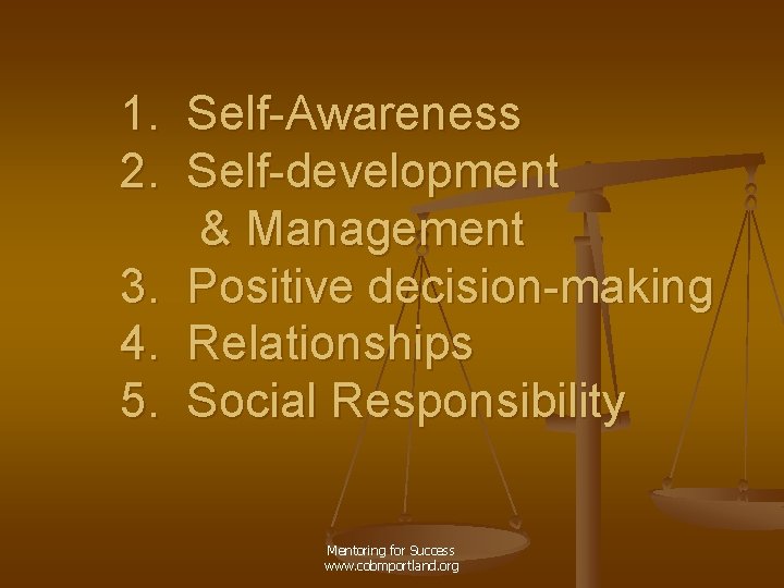 1. 2. 3. 4. 5. Self-Awareness Self-development & Management Positive decision-making Relationships Social Responsibility