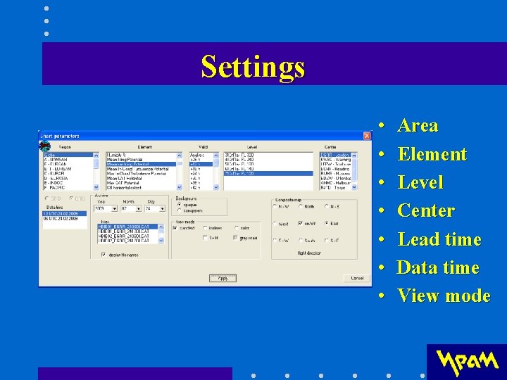 Settings • • Area Element Level Center Lead time Data time View mode Settings • • Area Element Level Center Lead time Data time View mode