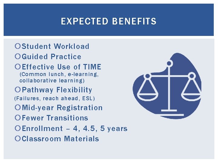 EXPECTED BENEFITS Student Workload Guided Practice Effective Use of TIME (Common lunch, e-learning, collaborative EXPECTED BENEFITS Student Workload Guided Practice Effective Use of TIME (Common lunch, e-learning, collaborative