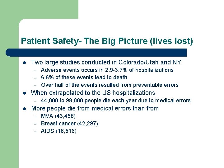 Patient Safety- The Big Picture (lives lost) l Two large studies conducted in Colorado/Utah
