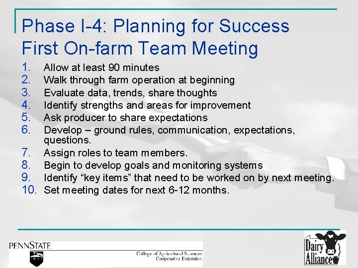 Phase I-4: Planning for Success First On-farm Team Meeting 1. 2. 3. 4. 5.