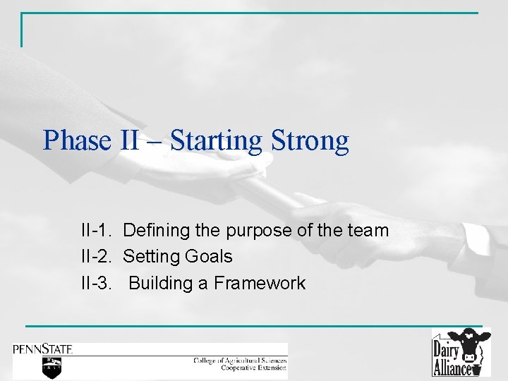 Phase II – Starting Strong II-1. Defining the purpose of the team II-2. Setting