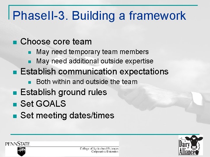 Phase. II-3. Building a framework n Choose core team n n n Establish communication