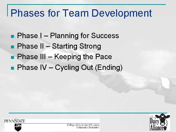 Phases for Team Development n n Phase I – Planning for Success Phase II