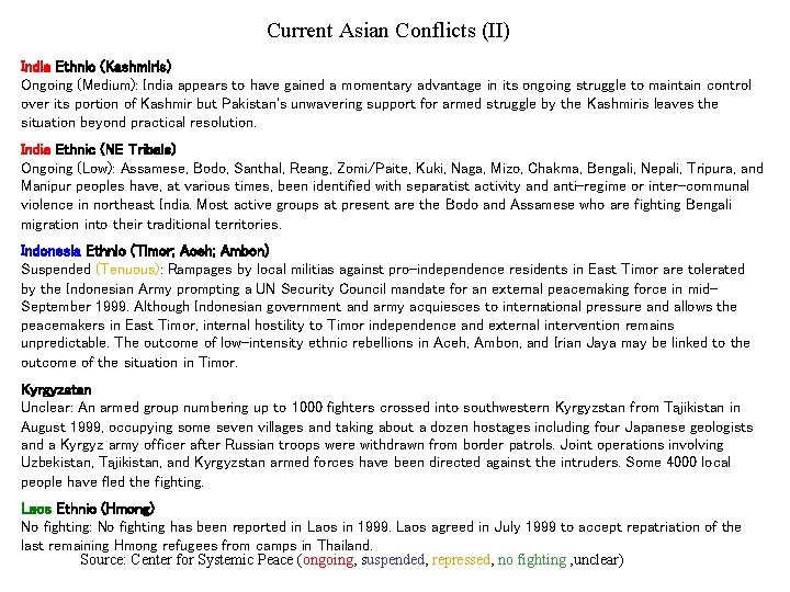 Current Asian Conflicts (II) India Ethnic (Kashmiris) Ongoing (Medium): India appears to have gained