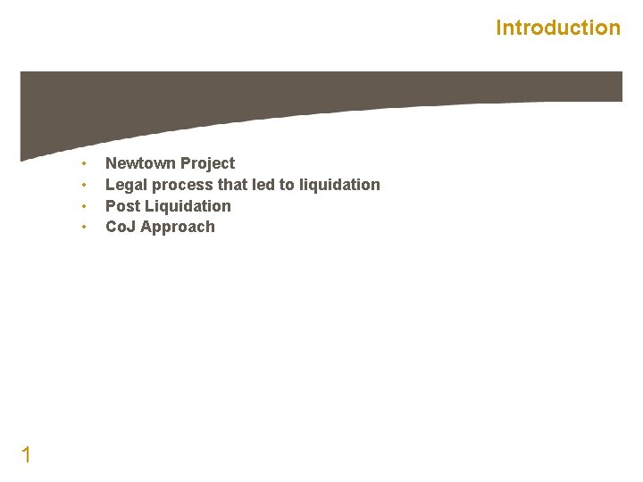 Introduction • • 1 Newtown Project Legal process that led to liquidation Post Liquidation