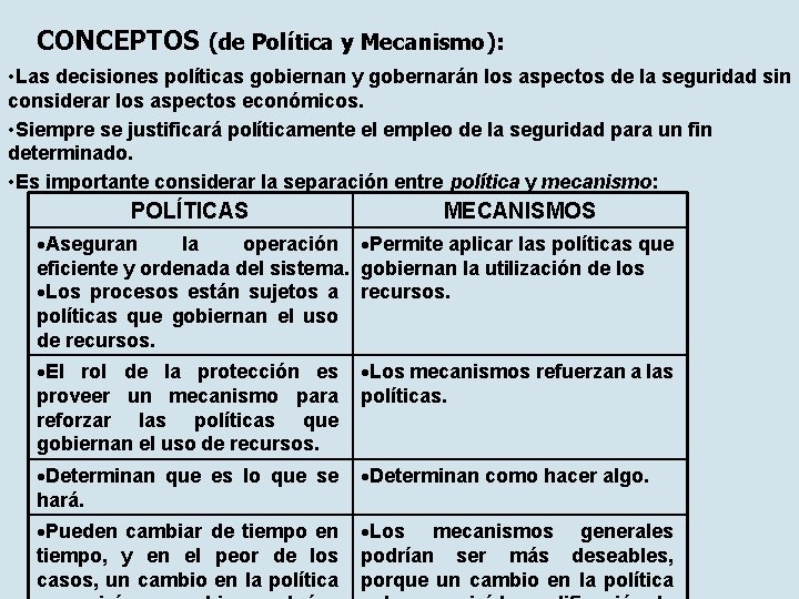 CONCEPTOS (de Política y Mecanismo): • Las decisiones políticas gobiernan y gobernarán los aspectos