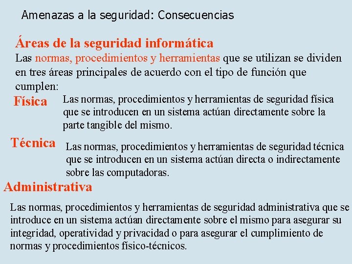 Amenazas a la seguridad: Consecuencias Áreas de la seguridad informática Las normas, procedimientos y