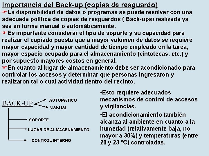 Importancia del Back-up (copias de resguardo) La disponibilidad de datos o programas se puede