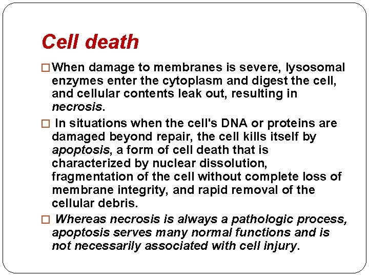 Cell death � When damage to membranes is severe, lysosomal enzymes enter the cytoplasm Cell death � When damage to membranes is severe, lysosomal enzymes enter the cytoplasm