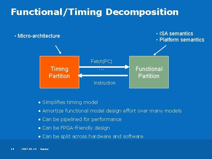 Functional/Timing Decomposition • ISA semantics • Platform semantics • Micro-architecture Fetch(PC) … Timing Partition