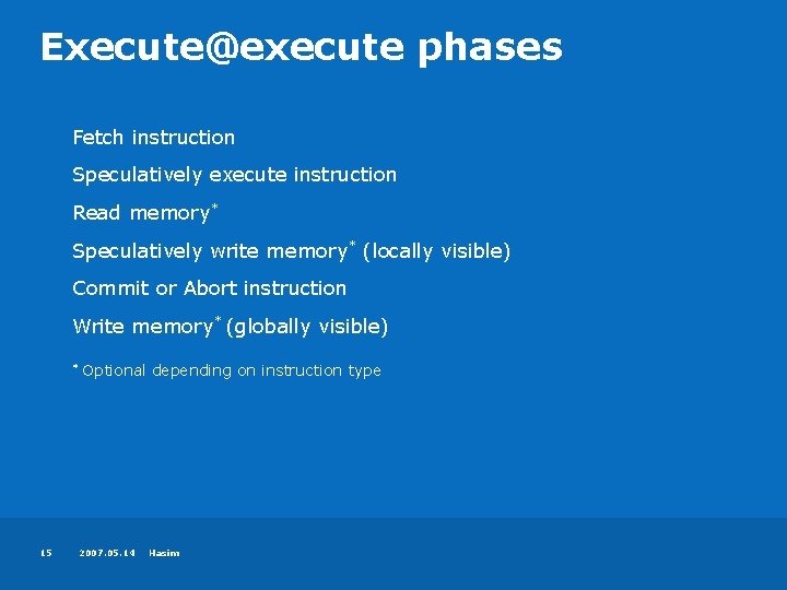 Execute@execute phases Fetch instruction Speculatively execute instruction Read memory* Speculatively write memory* (locally visible)