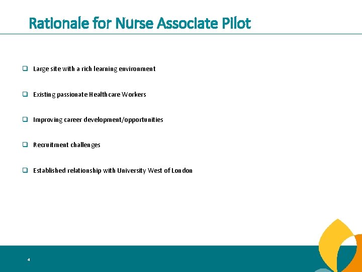 Rationale for Nurse Associate Pilot q Large site with a rich learning environment q