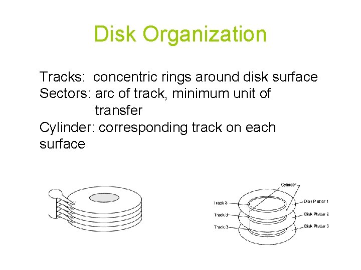Disk Organization Tracks: concentric rings around disk surface Sectors: arc of track, minimum unit