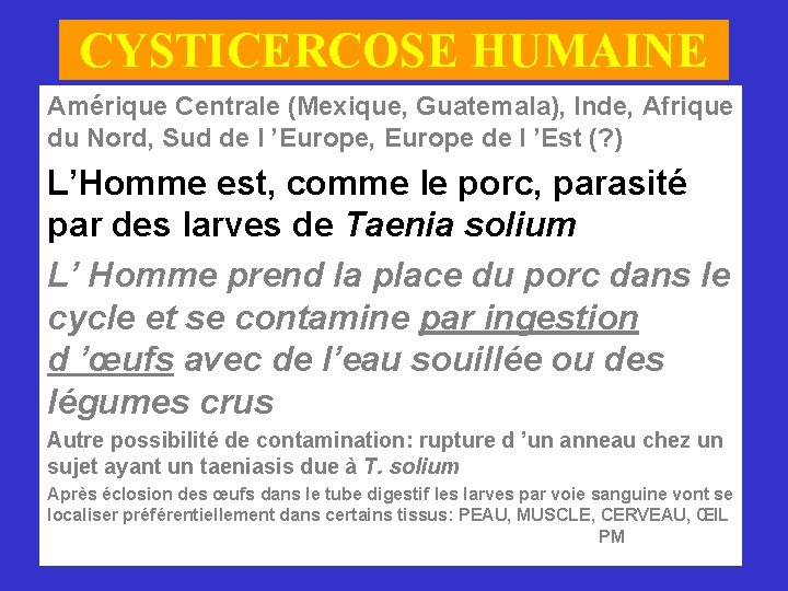 CYSTICERCOSE HUMAINE Amérique Centrale (Mexique, Guatemala), Inde, Afrique du Nord, Sud de l ’Europe,