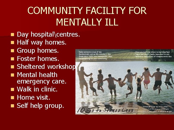 COMMUNITY FACILITY FOR MENTALLY ILL n n n n n Day hospitalcentres. Half way