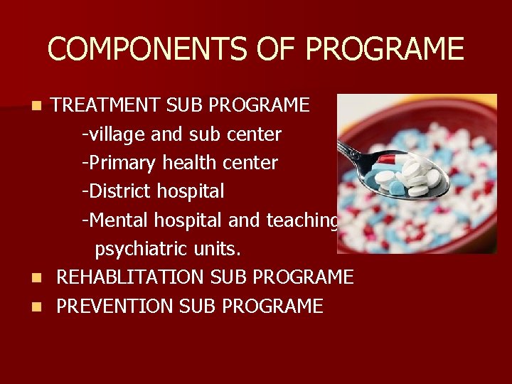 COMPONENTS OF PROGRAME n n n TREATMENT SUB PROGRAME -village and sub center -Primary
