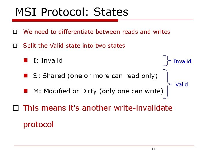 MSI Protocol: States o We need to differentiate between reads and writes o Split