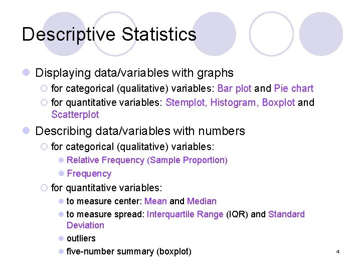 Descriptive Statistics l Displaying data/variables with graphs ¡ for categorical (qualitative) variables: Bar plot