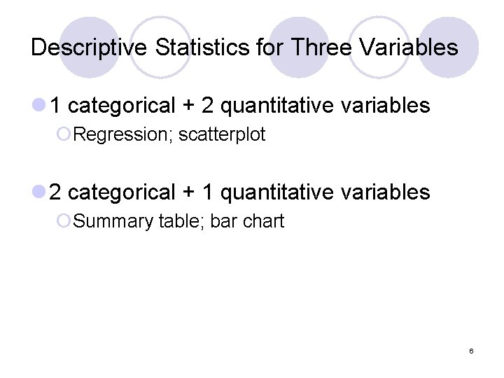 Descriptive Statistics for Three Variables l 1 categorical + 2 quantitative variables ¡Regression; scatterplot