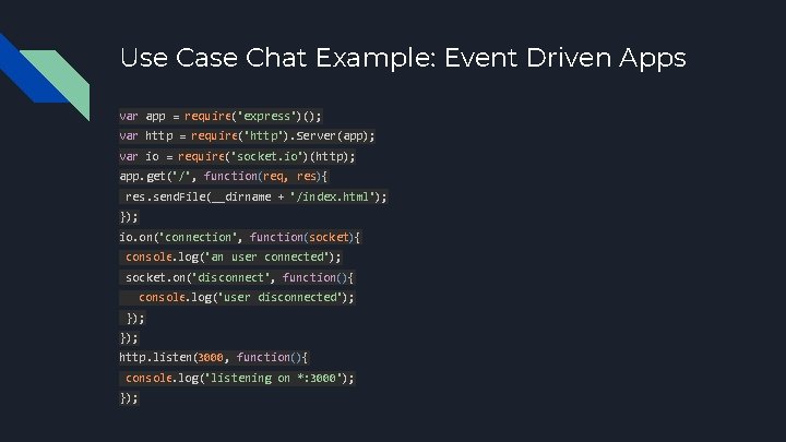 Use Case Chat Example: Event Driven Apps var app = require('express')(); var http =