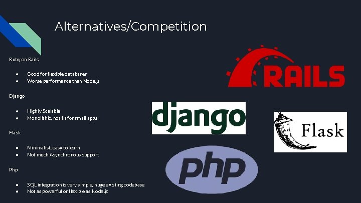 Alternatives/Competition Ruby on Rails ● ● Good for flexible databases Worse performance than Node.