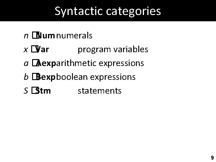 Syntactic categories n � Num numerals x � Var program variables a � Aexparithmetic
