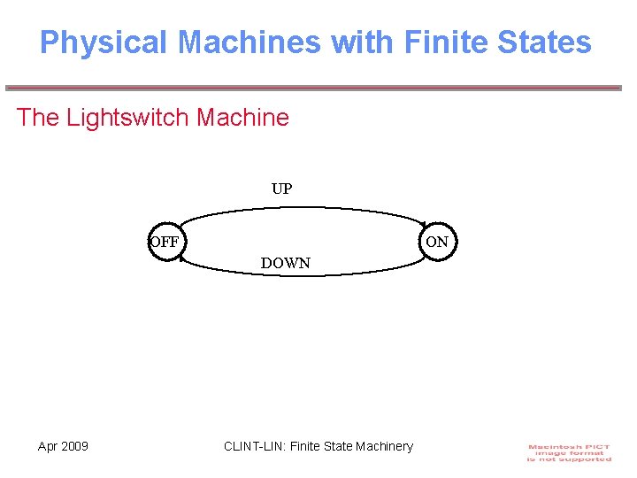 Physical Machines with Finite States The Lightswitch Machine UP OFF ON DOWN Apr 2009